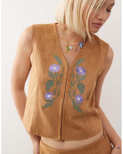 Reclaimed Vintage Natural Faux Suede Festival Waistcoat With Embroidery