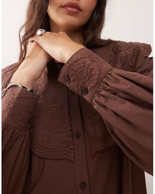 Reclaimed Vintage Mini Shirt Dress With Oversized Collar And Floral  Embroidery in Brown | Lyst