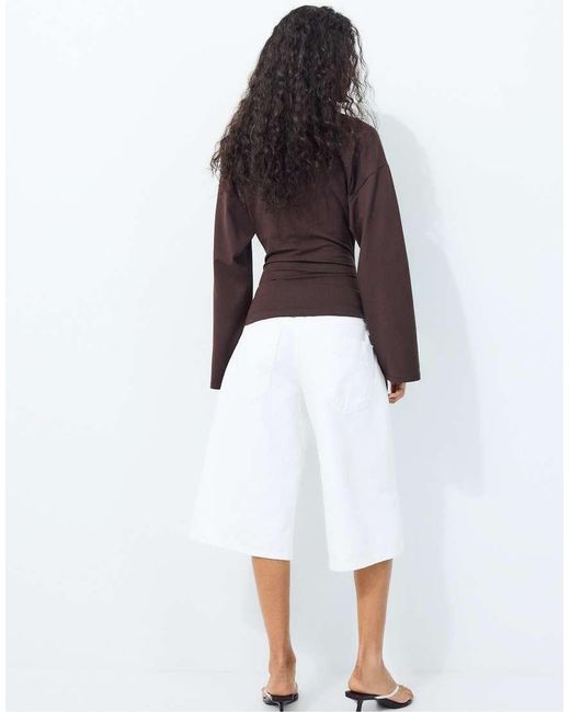 Stradivarius White Long Sleeve Fitted Waist T-shirt