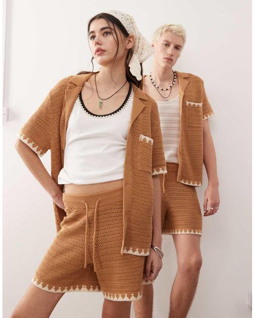 Reclaimed Vintage Natural Unisex Short Sleeve Boxy Crochet Shirt