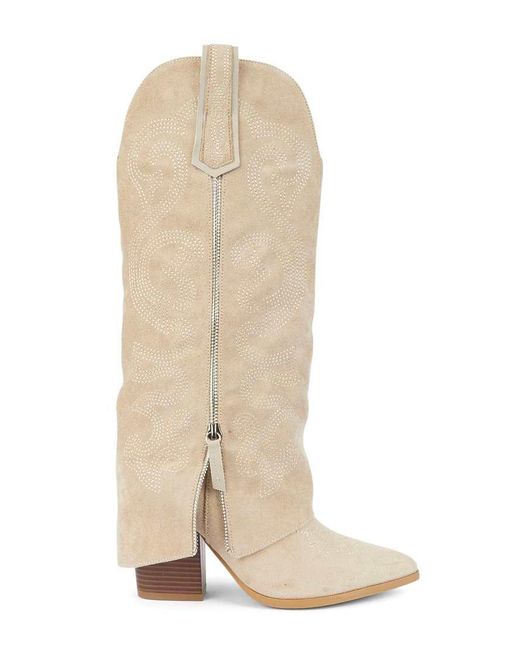 SEQWL White Western Fold Over Cowboy Boots Knee High Pointed Toe