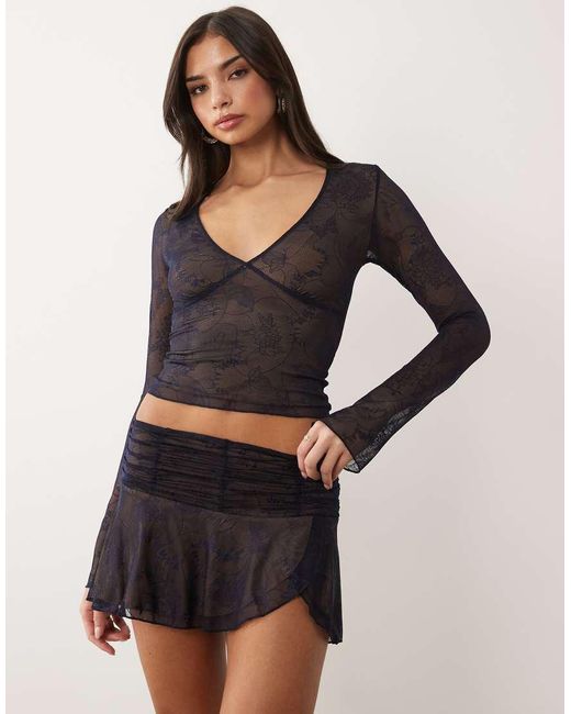 I.AM.GIA Blue Yvette Butterfly Pattern Lace Ruched Waist Mini Wrap Skirt