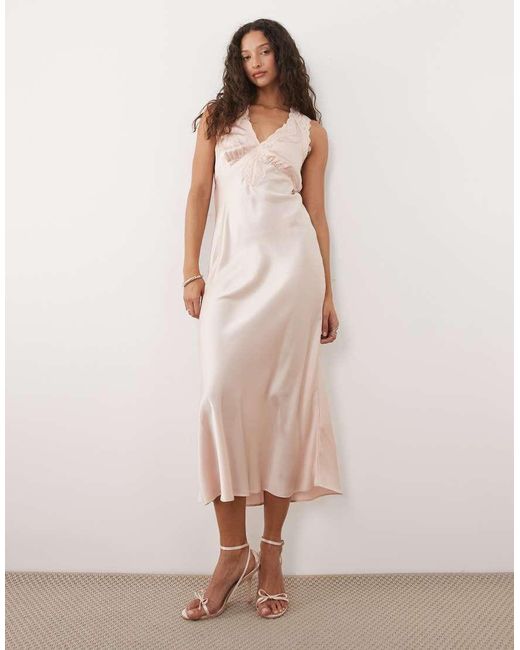 New Look Pink Lace Trim V-neck Satin Midi Dress