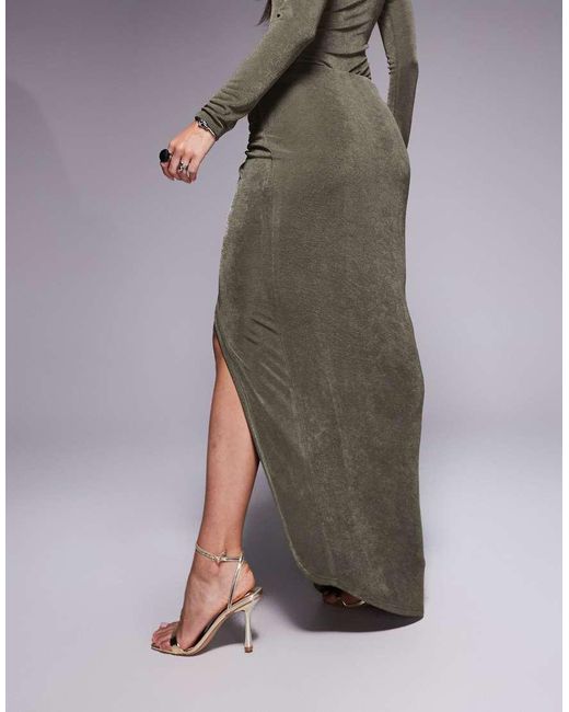 Ruched & Ready Gray You Could Never Sculpted Textured Slinky Side Twist Thigh Split Maxi Skirt Co-ord