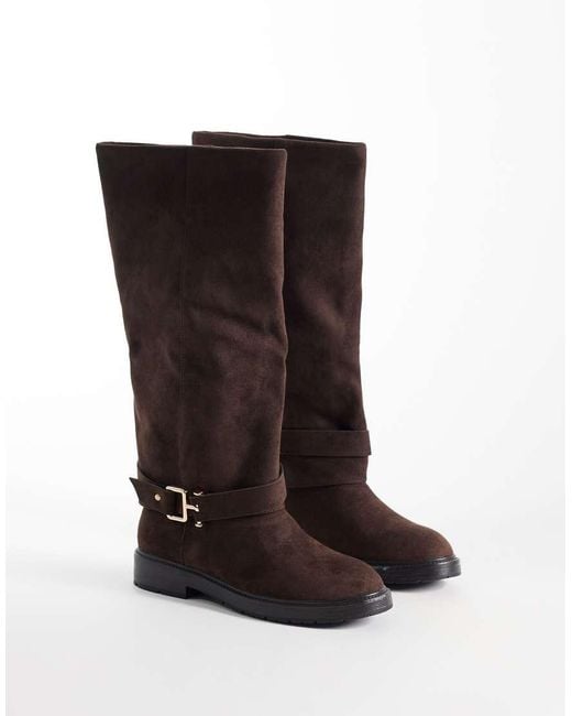 SEQWL Brown Mickey Faux Suede Buckle Knee Boots