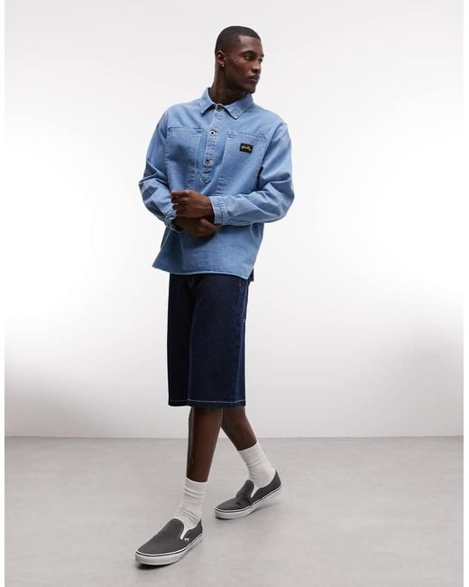 Stan Ray Blue Denim Long Sleeve Half Button Up Shirt for men