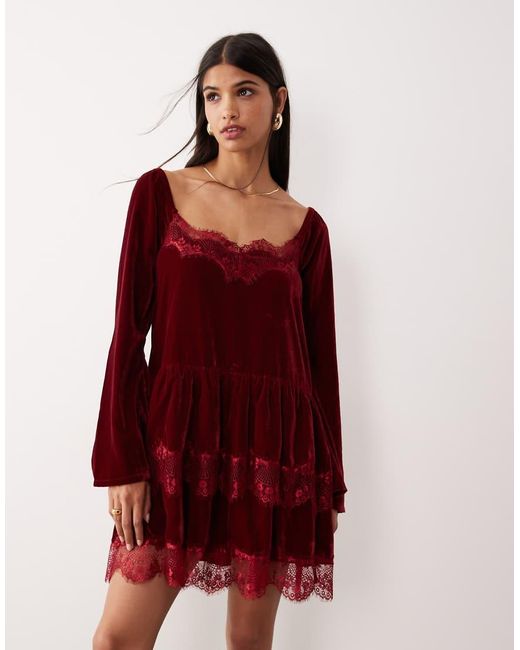 ASOS Red Long Sleeve Sweetheart Neckline Mini Dress