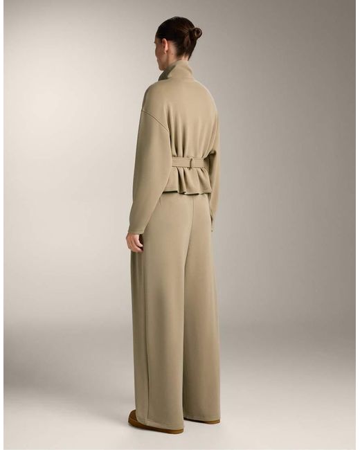 Oysho Natural Soft-Touch Modal Wide-Leg Trousers With Pleat Waist Detail