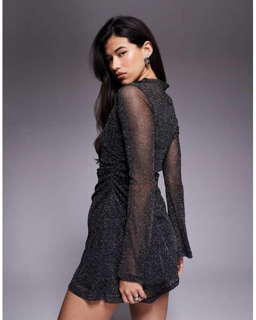 ASOS Gray Grown On Neck Flute Sleeve Mini Glitter Mesh Dress
