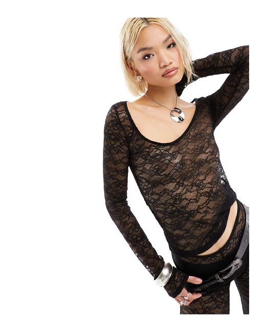 Weekday Black Co-ord Scoop Neck Lace Long Sleeve Top