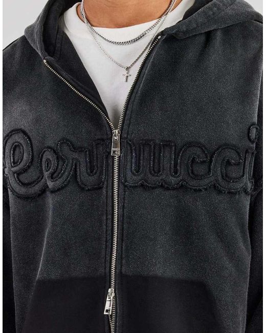 CERNUCCI Blue Washed Applique Zip Through Hoodie for men