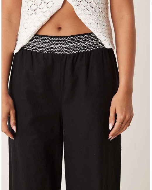 ASOS Broek Van Linnenmix Met Gesmokte Taille En Wijde Pijpen in het Black