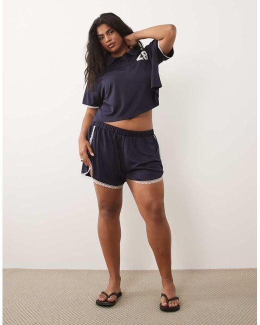 ASOS Blue Asos Design Curve Tricot Runner Short Co-ord With Lace Detail