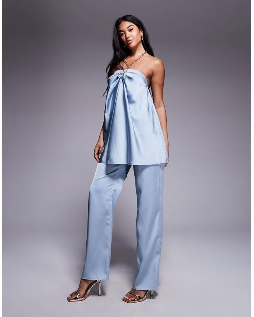 ASOS Blue Tailored Satin Halter Neck Top With Chain Detail Co-Ord