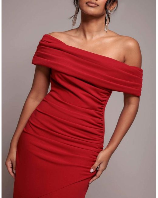 Goddiva Red Pleated One Shoulder Bardot Fit And Flare Maxi Dress