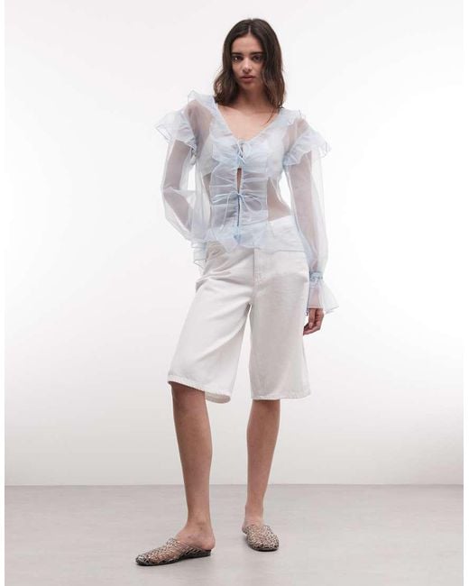 Monki White Sheer Frilled Long Sleeve Blouse