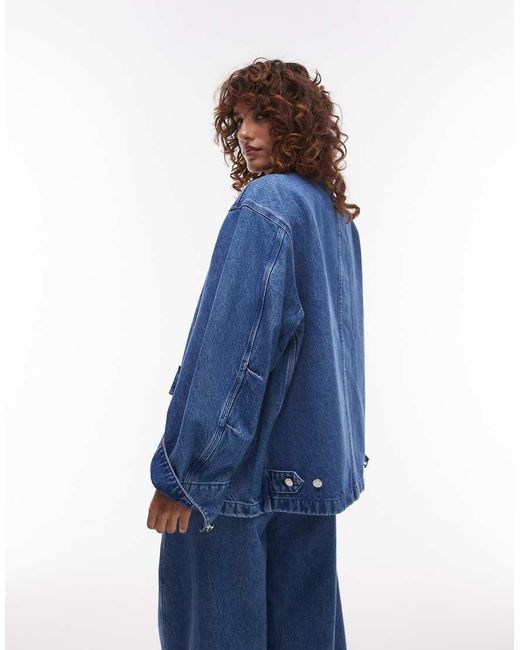 ARKET Blue Denim Oversized Workwear Barn Jacket With Flap Pockets And Contrast Collar