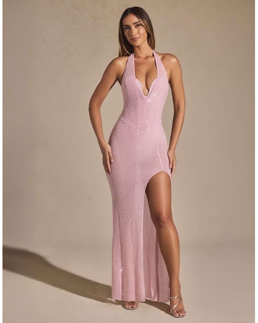 knee length dresses for ladies Zoi Lace Halter Maxi Dress Hot Pink main image 1
