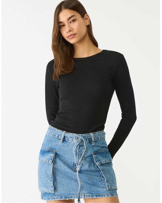 Stradivarius Blue Long Sleeve Ribbed T-Shirt