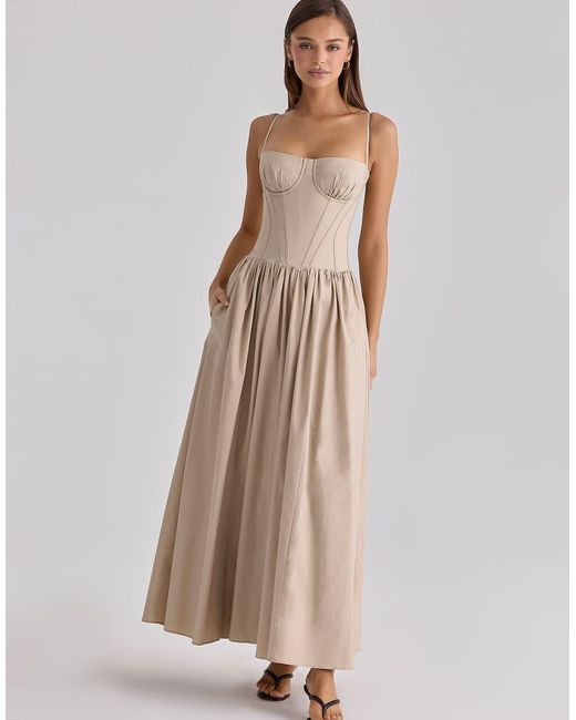 House Of Cb Natural Rona Taupe Cotton Corset Maxi Dress