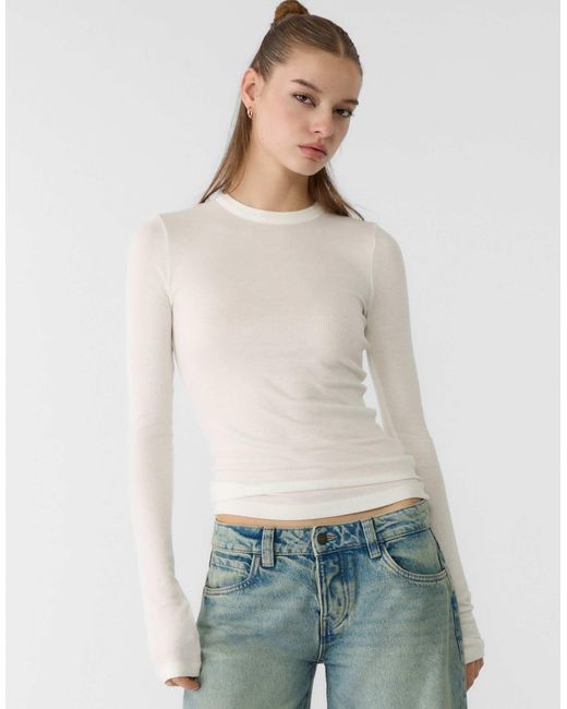 Stradivarius Natural – langärmliges, geripptes shirt