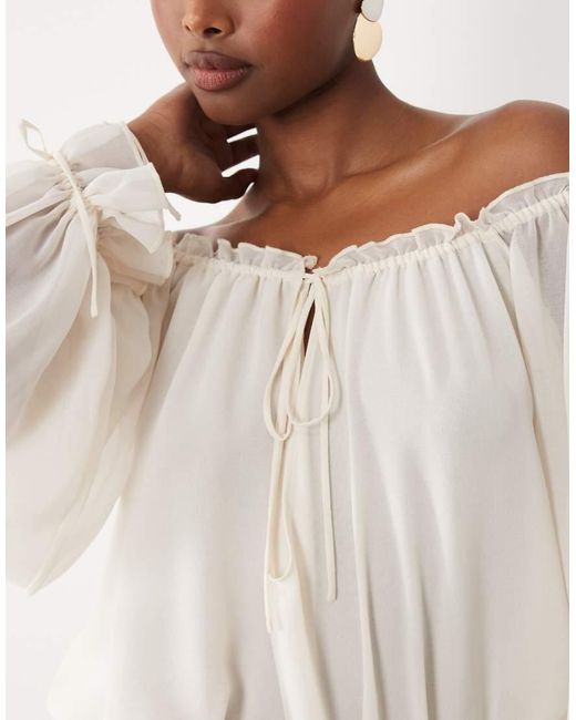 Oh Polly Natural Chiffon Off Shoulder Balloon Sleeve Layered Skirt Tie Detail Mini Dress