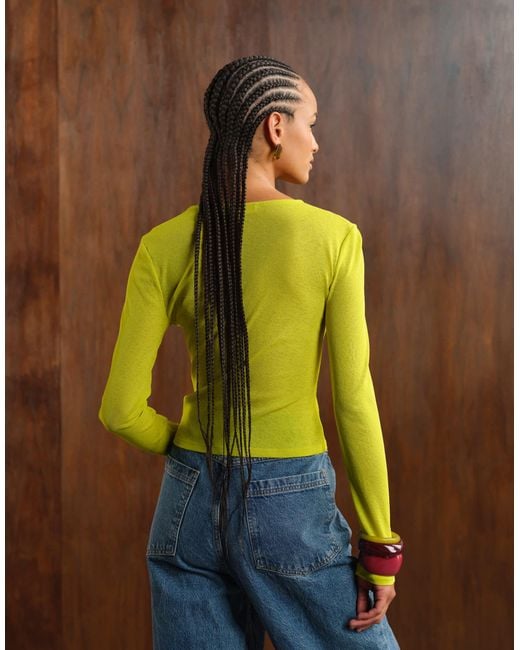 ASOS Yellow Semi Sheer Long Sleeve Top