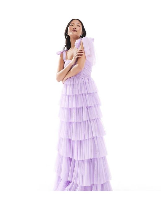 LACE & BEADS Purple Bridesmaid Bow Shoulder Tulle Maxi Dress