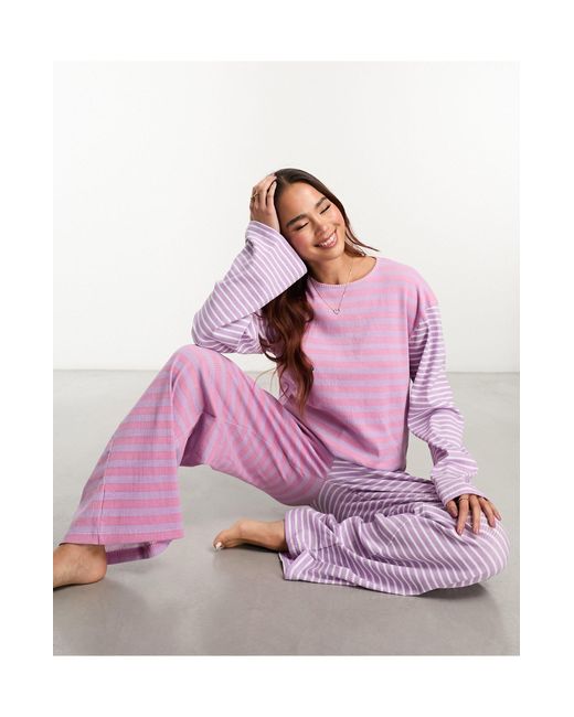 Daisy Street Pink – gerippter pyjama aus langärmligem oberteil und hose mit streifenmix und geschenkbeutel
