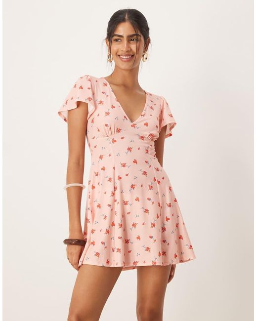 ASOS Pink V-front Flutter Sleeve Mini Tea Dress