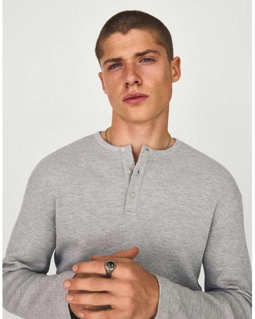 Bershka Gray Slim Fit Long Sleeve Henley T-Shirt for men