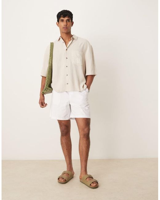 ASOS Natural Premium Linen Blend Boxy Oversized Shirt With Chest Embroidery for men