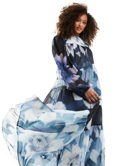 ASOS Blue Mixed Floral Print Smock Maxi Dress