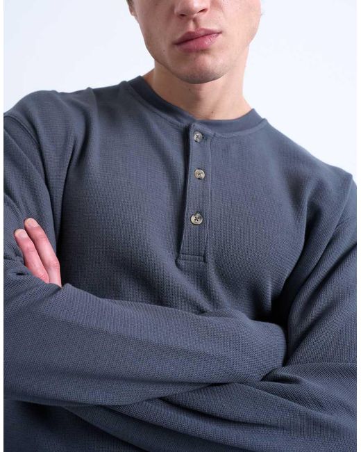 Topman Blue Premium Relaxed Fit Heavyweight Waffle Henley for men