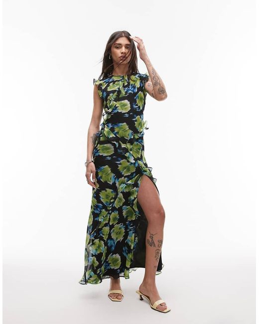 TOPSHOP Green High Neck Open Back Frill Maxi Dress