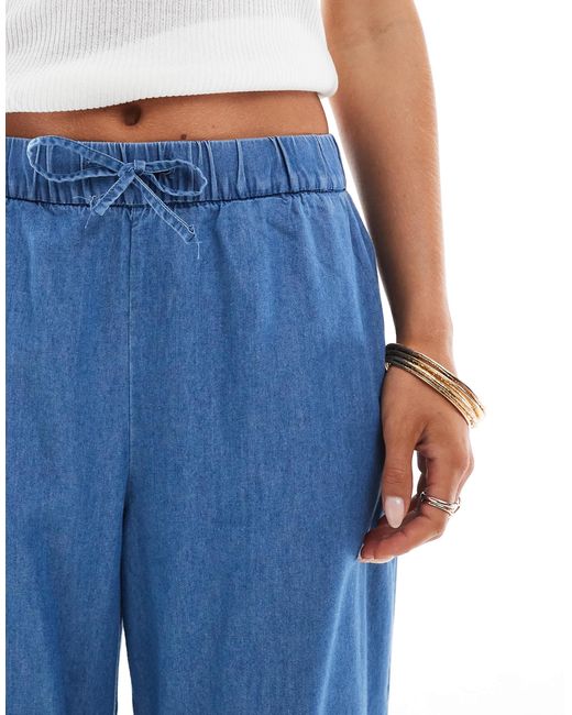 Only Petite Blue Tie Waist Wide Leg Denim Trousers
