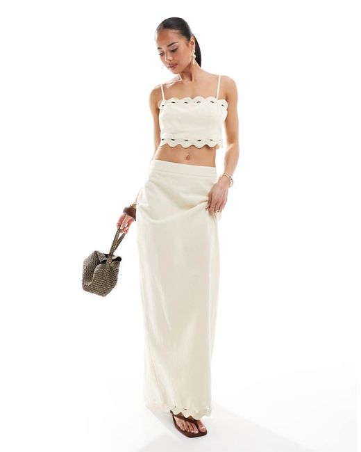 4th & Reckless White Linen Look Scallop Trim Square Neck Top Co-Ord