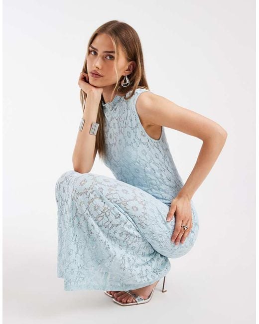 Object White All-over Floral Lace High Neck Sleeveless Maxi Dress