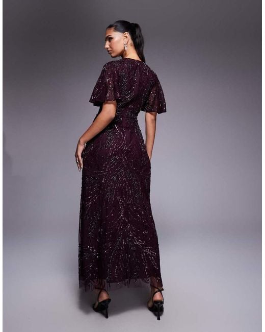 Beauut Blue Fully Embellished Beaded Mech V-neck Flutter Sleeve Maxi Dress