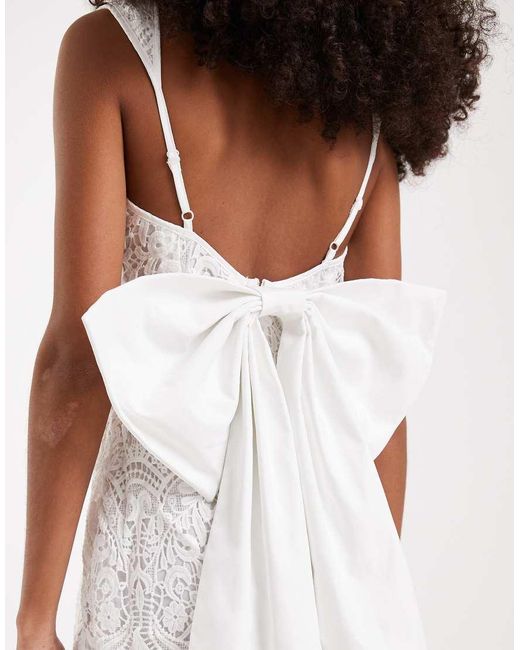 TFNC London White Bridal Boat Neck Bow Back Lace Mini Dress