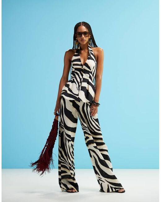Mango Blue Zebra Halter Linen Mix Waistcoat Co-Ord