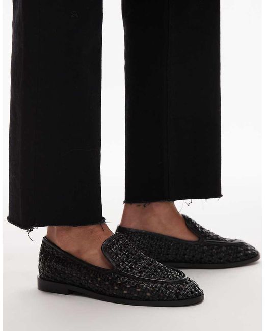 TOPSHOP Black Connor Real Leather Woven Loafer