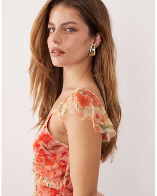 LACE & BEADS Red Tulle Ruffle Detail Maxi Dress