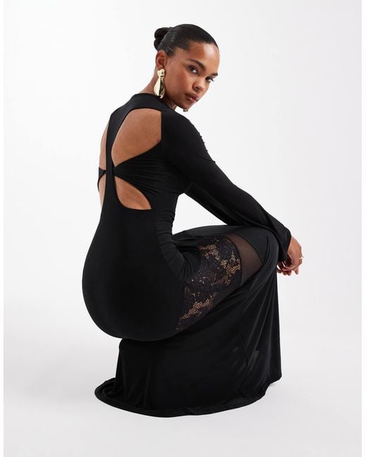ASOS Black Long Sleeve Cut Out Lace Detail Maxi Dress