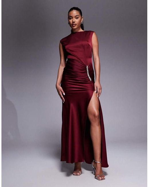 Jarlo Purple Embellished Satin Midaxi Dress With Thigh Split