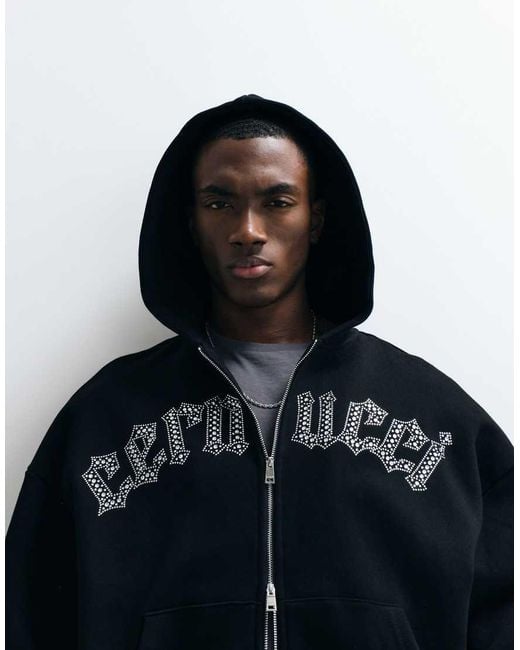 CERNUCCI Blue 100% Cotton Rhinestone Embellished Logo Zip Through Boxy Fit Hoodie for men