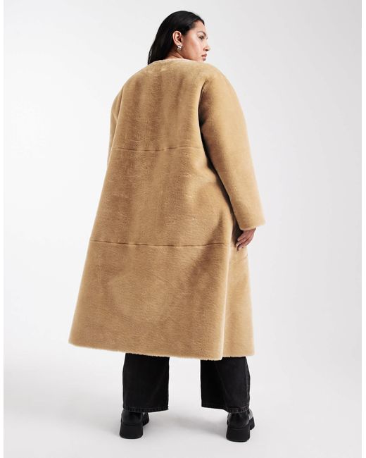 ASOS Brown Asos Design Curve Collarless Bonded Faux Fur Coat