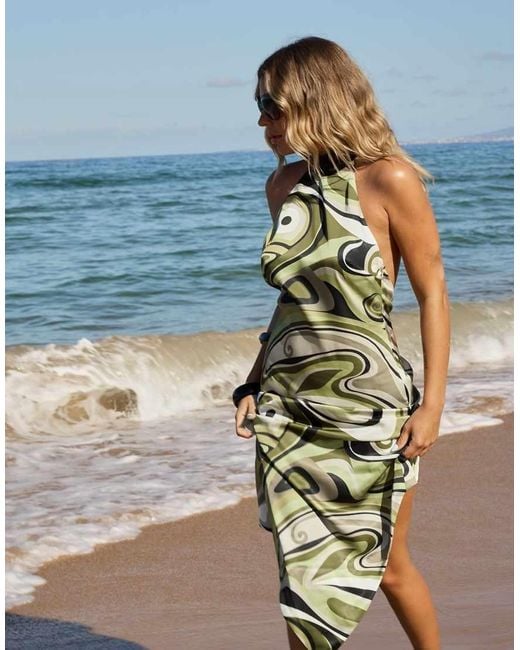 NA-KD Green X Audrey Afonso Printed Halterneck Midi Dress