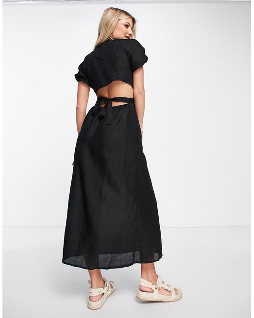 New Look Black Linen Blend Puff Sleeve Midi Dress With Cut Out Detail