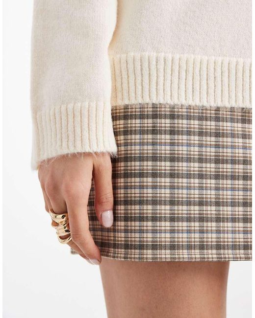 ASOS Natural Knit Sweater Dress With Woven Plaid Hem